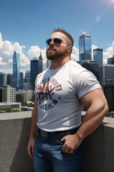 masterpiece, cinematic, fujifilm photo  of a 35year old man ((dashwilder)), tight white shirt, blue jeans, looking up on the sky, wearing sunglasses, cityscape background