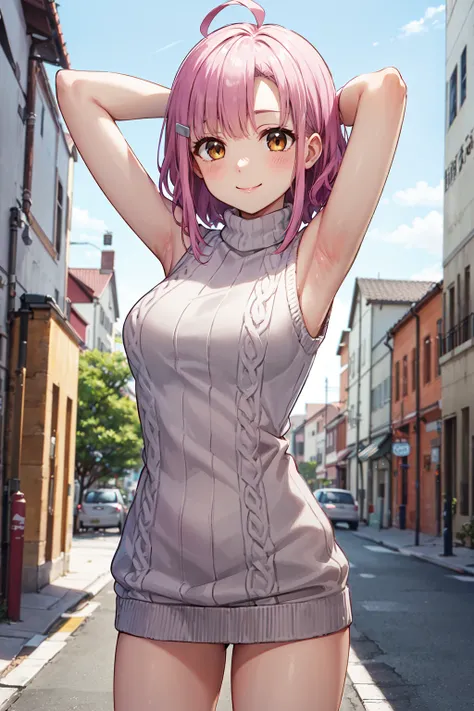 masterpiece,best quality,highres,ultra-detailed,sakura megumi,ahoge,long hair,hairclip,<lora:sakura_megumi:0.8>,(sweater:1.2),(turtleneck:1.2),street,smile,standing,(sleeveless:1.4),arm_behind_head,arms_up,cowboy shot,no pants,