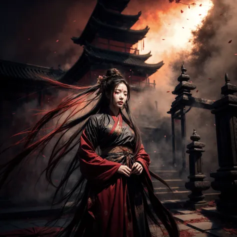 Cinematic Lighting,reality,front view,1girl,long hair,jewelry,forehead mark,looking at viewer,Blood Mist,despair,Blood Cherry Blossom,torn clothes,solo,Gunpowder smoke,beautiful deatailed shadow,dust,tyndall effect,east_asian_architecture,rubble_ruins,<lor...