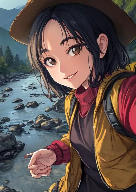 ((selfie)) photo of MeiyuCipher, smiling, outdoors, mountains, wearing a backpack, sweater, and hiking jacket, rocks, river, wood, analog style (look at viewer:1.2) (skin texture), close up, cinematic light, sidelighting,