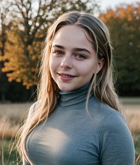 <l1n4c0s2>,  detailed eyes, ((nature, outdoor, Grass, background)), close portrait photo, Spectacular light, 8k, soft lighting, high quality, breast, top, upper body, (Turtleneck), Turtleneck, smile, jeans