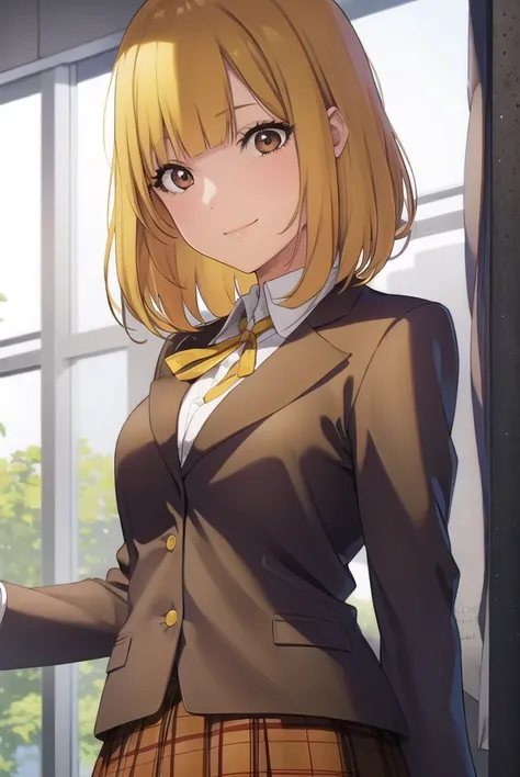 hanamidorikawa, <lora:hana midorikawa s1-lora-nochekaiser:1>,
hana midorikawa, short hair, bangs, (yellow hair:1.5), (brown eyes:1.5), blunt bangs, smile, grin,
BREAK skirt, school uniform, jacket, pantyhose, plaid, plaid skirt, blazer,
BREAK indoors, clas...