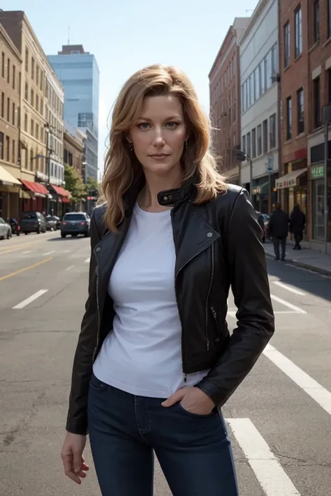 <lora:mondongo_LoRA_AnnaGunn:1> mndngwmn, (ultra realistic, 8k,high quality),(medium shot), wearing a leather jacket, on a city downtown