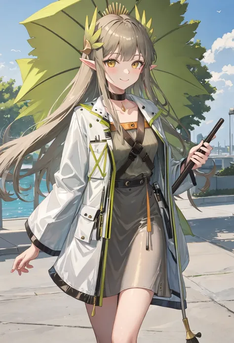 best quality, masterpiece, highres, solo, {muelsyse_arknights:0.90}, 1girl, long_sleeves, looking_at_viewer, open_coat, white_coat, black_choker, closed_mouth, holding_umbrella, smile, cowboy_shot, shirt, brown_eyes, collarbone, dress, infection_monitor_(a...