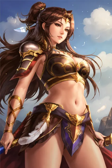 san14 beauty, 1girl, solo, long hair, breasts, brown hair, navel, brown eyes, jewelry, weapon, armor, feathers, knife <lora:RomanceOfThreeKingdomStyle_v1:1>