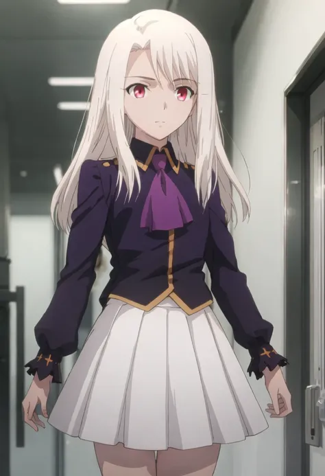 best quality, masterpiece, highres, solo, {illyasviel_von_einzbern_fatestaynightufotable:0.90}, 1girl, white_skirt, ascot, long_sleeves, pleated_skirt, purple_shirt