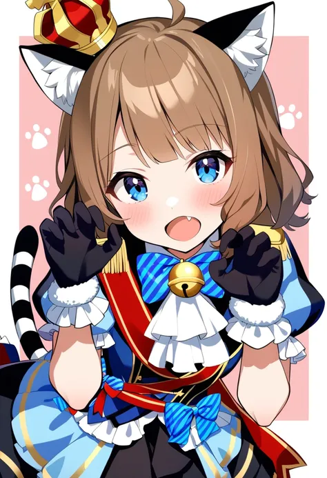 1girl, suou momoko, gatto-marciale, blue dress, cat ears, white background, ascot, light brown hair, frilled sleeves, hands up, striped neckwear, short sleeves, striped tail, neck bell, cat girl, black skirt, paw print background, blush, crown, ahoge, open...