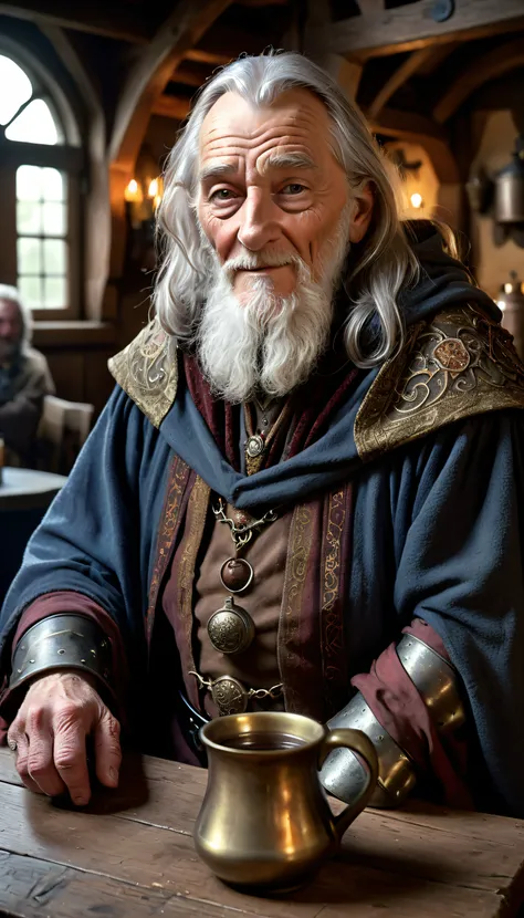 A detailed cinematic waist shot portrait photo of a grizzled old male wizard , looking friendly, (((looking at viewer))), wearing ornate mediveal cloak. Mediveal setting. Inside a dark dingy and busy mediveal inn, He is sitting on a table drinking a strang...