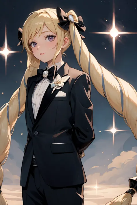 masterpiece, best quality,  <lora:EPfeElise-10:1> EPfeElise, blonde hair, twintails, diagonal lines, fantasy land, evening, arms behind back, tuxedo, bowtie, sparkling eyes