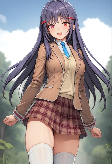 1girl, cowboy shot, smile, open mouth, nature, blue sky, 
bg_tukiyo, red eyes, purple hair, long hair, bangs, hair ornament, hairclip, school uniform, brown jacket, blazer, necktie, long sleeves, shirt, plaid skirt, white thighhighs, <lora:BG_tukiyo_sdxl_v...