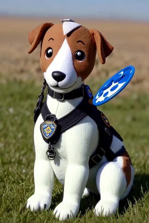 Patron a dog is laying in the grass wearing a vest and a leash on its back and a frisbee in its mouth