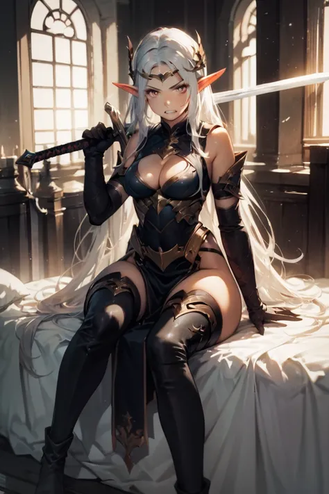 score_9, score_8_up, score_7_up, score_6_up, score_5_up, score_4_up, 1girl, pointy ears, sword, weapon, breasts, long hair, solo, thighhighs, elf, gloves, sitting, cleavage, holding weapon, black thighhighs, holding, holding sword, armor, white hair, elbow...