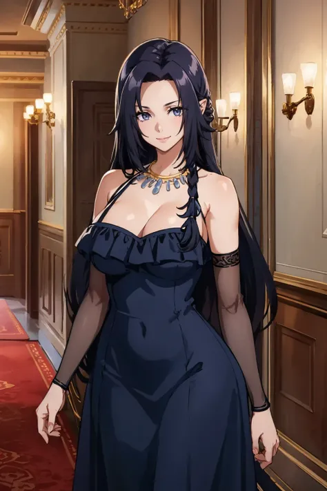 masterpiece, best quality,  <lora:gamma-nvwls-v1-000009:0.9> gamma, necklace, black dress, cleavage, long dress, detached sleeves, mansion, hallway, red carpet, cowboy shot, large breasts, looking at viewer, smile