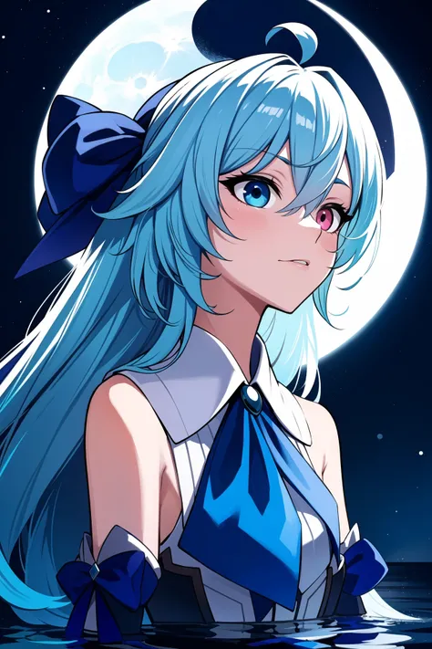 blue hair,blue headwear,moon,hair between eyes,long hair,multicolored hair,sidelocks,solo,water drop,two-tone hair,blue ascot,ahoge,water,heterochromia,moonlight,1girl,upper body,reflection,hat,blue bow