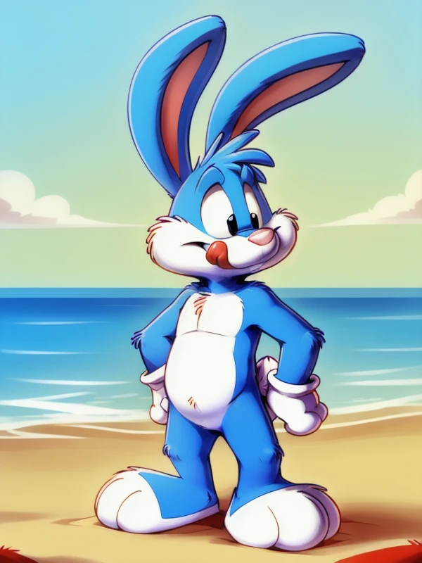 <lora:BusterBunny_2D:0.8>, Baster, bunny, male, blue body color, white cheeks, white belly, white legs, white gloves on hands, pink nose, blue ears, erect ears, rabbit teeth, colorless eyes, naked, standing on the beach, mouth closed, young, Small body, dw...