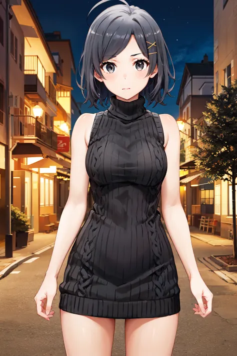 masterpiece, best quality, highres, aakomachi, short hair, ahoge, black eyes, hairclip, x hair ornament, <lora:hikigaya_komachi_v1:0.7>, sweater dress, sleeveless, turtleneck, ribbed sweater, night, street, standing, cowboy shot,