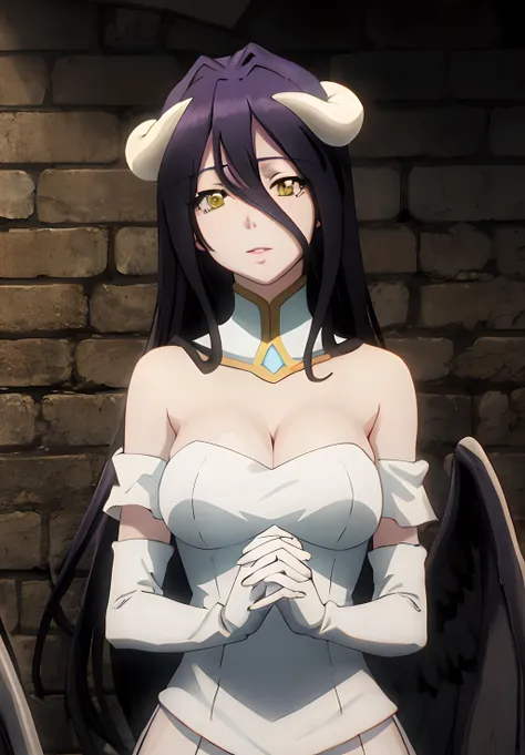 <lora:Overlord:0.8>, Overlord, Albedo_Norm, solo, looking at viewer, smile, open mouth, gloves, dress, cleavage, bare shoulders, jewelry, medium breasts, closed mouth, green eyes, upper body, parted lips, detached sleeves, wings, choker, elbow gloves, indo...