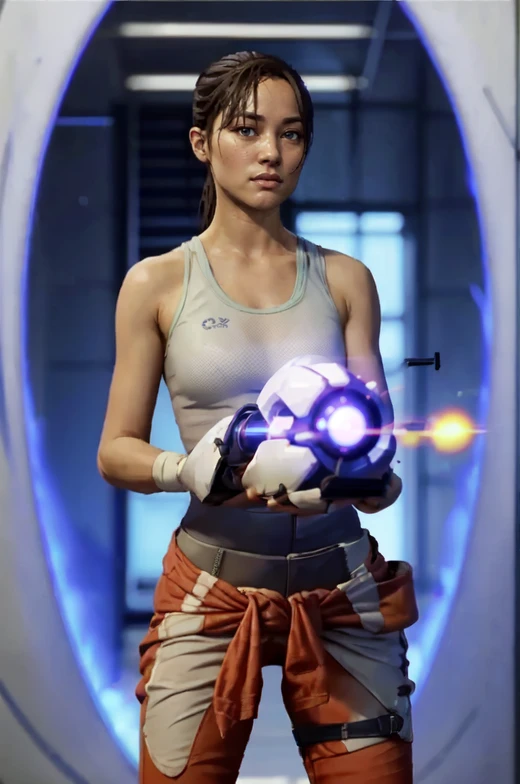 p2chell, 1girl, upper body, ponytail, white tank top, holding a portal gun, standing in front blue portal <lora:Chell_Portal_2-000014:0.9>