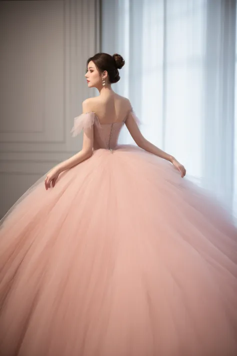 woman, profile view, elegant dress, soft lighting, ethereal, pastel colors, tulle fabric, flowing gown, light pink, haute couture, fashion photography, high bun hairstyle, delicate, graceful pose, dreamy atmosphere, light diffusion, wedding fashion, subtle...