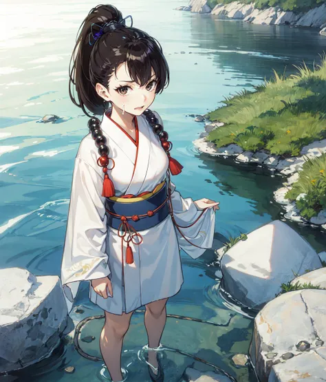 masterpiece, high res, detailed face, detailed eyes, anime screencap, 1 girl, slender, looking at viewer, blushing, angry, throwing stone, white yukata, wet clothes, completely submerged, brown hair, ponytail, beads, big rosary, bare legs, standing, outdoo...