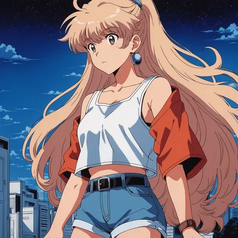 80s anime screencap, girl wearing a cropped top and short shorts, artistic rendition with wide brush strokes, anime comic