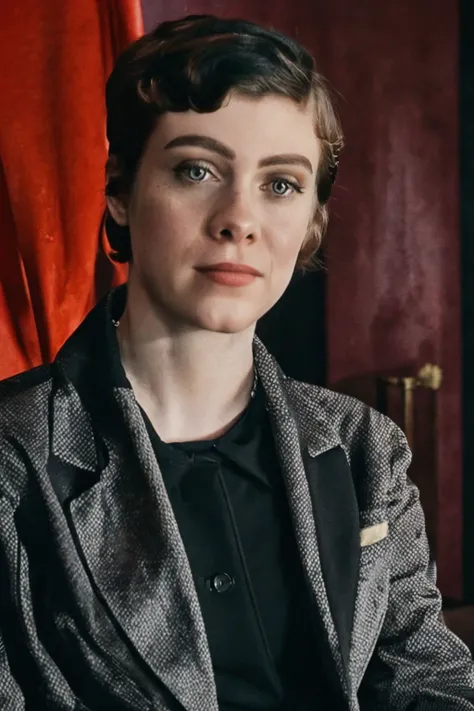 close up portrait of sophialillis wearing a black suit playing the role of a young determined journalist in the 1920s, film noir style <lora:Sophia_Lillis-000016:1>