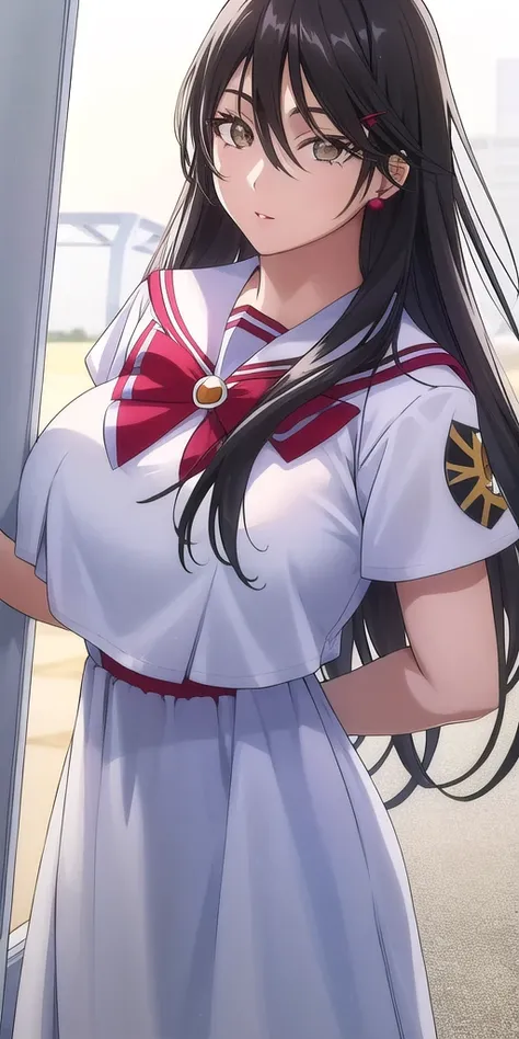 <lora:AkiraFerrariV5:0.7> akira_ferrari, huge_breasts, standing, solo, Summer_Himeya_company_uniform_White_long_dress_White_crop_top_Red_bowtie_Short_sleeves_Side_slit, masterpiece, best quality, detailed face, detailed eyes, highres,