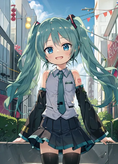 (hatsune miku:1.2), dutch angle, sunlight, smile, thighhighs, sleeveless shirt, skirt, detached sleeves, tokyo (city), detailed face,
<lora:yukinominato_style_v3:1>