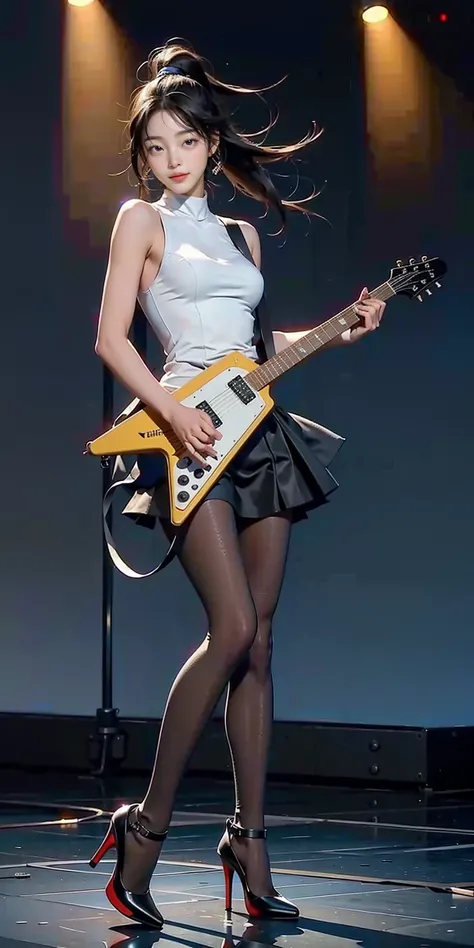 1girl, playing electric guitar,  electric guitar, 

(pantyhose, high-heels), bare arms,  black hair, ponytail, stand, on the stage,spotlight,

masterpiece, best quality, 8k