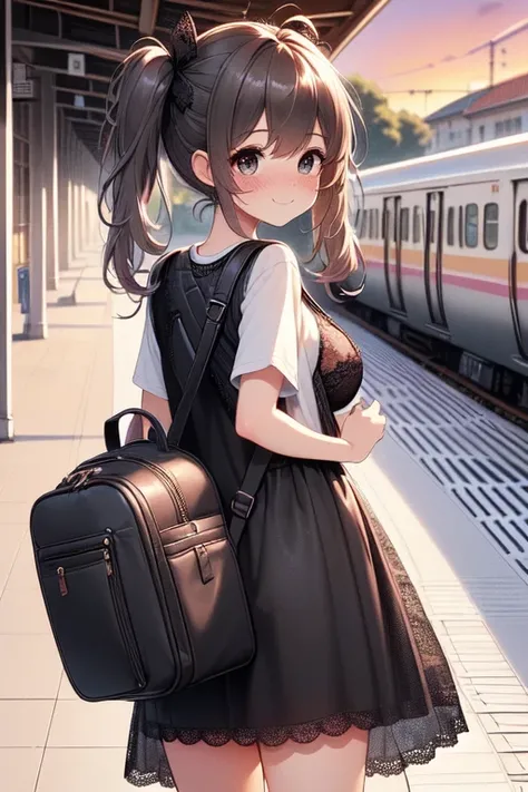 (((masterpiece))), (((best quality))), (((from behind))), ((train platform)), ((guitar case backpack)), light gray T-shirt, ((black lace long coat)), navigation sign, 1girl, smile, ribbon, brown twintails, collarbone, cleavage, (((huge tits))), sweat, shy....