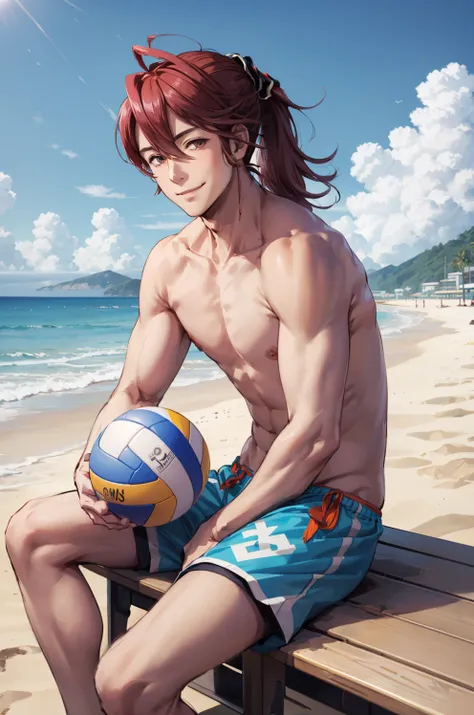 masterpiece, beach, 1boy, sitting, closed mouth, smile, volleyball, <lora:SubakiFE:0.8> subakiFE, ponytail, male swimwear, topless male