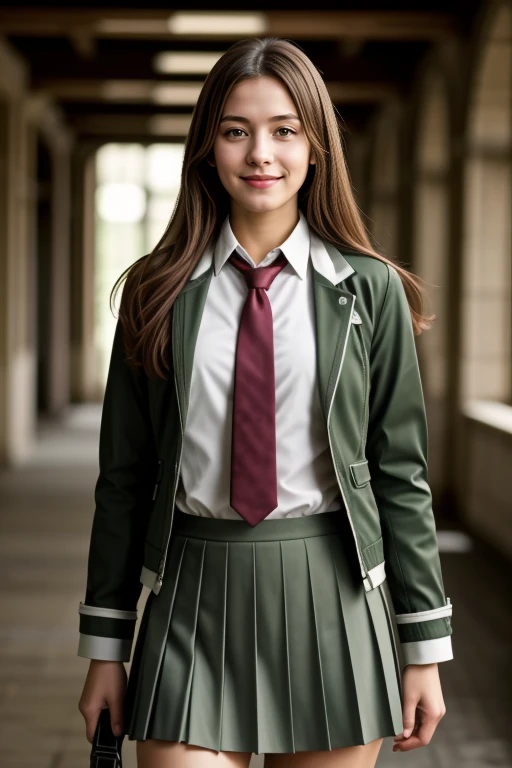 ((Masterpiece, best quality, cinematic lighting, 8k, full body shot, long hair)), (smile:0.85), (realistic background)
<lora:GW_School_Dress_By_Stable_Yogi:1> green jacket, white shirt, pleated skirt, neck tie, school dress