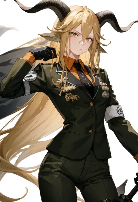 best quality, masterpiece, highres, solo, {degenbrecher_arknights:0.90}, 1girl, black_gloves, shirt, holding_sword, long_sleeves, looking_at_viewer, military_uniform, cowboy_shot, white_background, simple_background, thigh_strap, black_necktie, closed_mout...