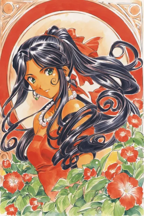 Soletta Orihime, 1girl, solo, red dress, jewelry, black hair, green eyes, necklace, earrings, long hair, off-shoulder dress, dark skin, curly hair, ponytail, pearl necklace, dark-skinned female, flower, bare shoulders, traditional media, <lora:Kosuke Fujis...