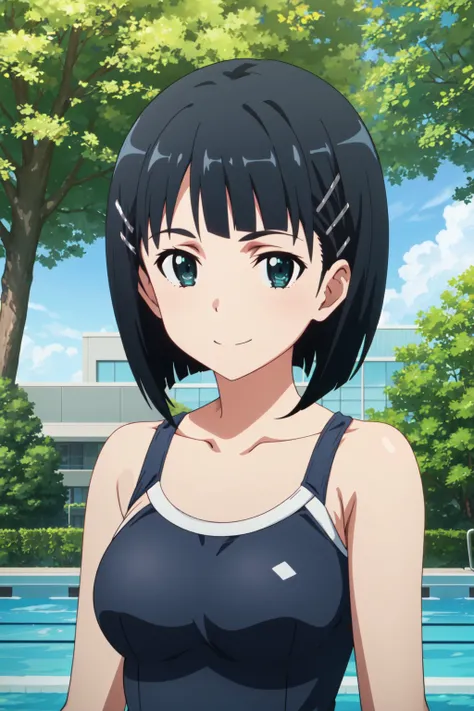 <lora:anime_screencap_v2:0.3>
EFT_Sao_Sis, kirigaya suguha, 1girl, solo, swimsuit, black hair, short hair, smile, hair ornament, hairclip, school swimsuit, one-piece swimsuit, collarbone, looking at viewer, upper body, green eyes, breasts, bangs, black eye...