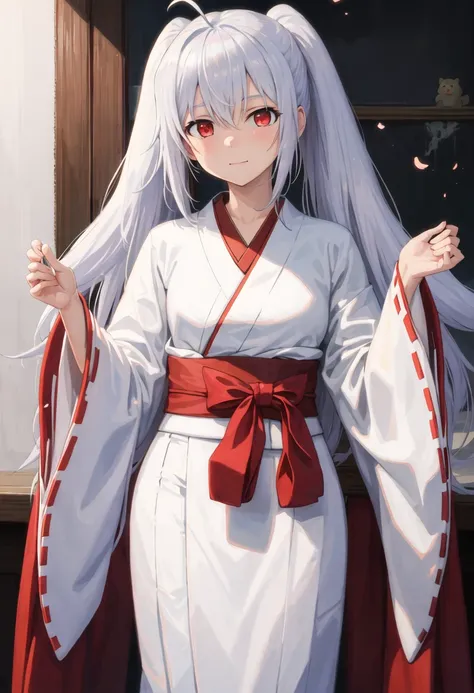 best quality, masterpiece, highres, solo, {isla_fanart_plasticmemories:0.90}, {white kimono:1.35}, {red hakama:1.35}, {wide sleeves:1.20}