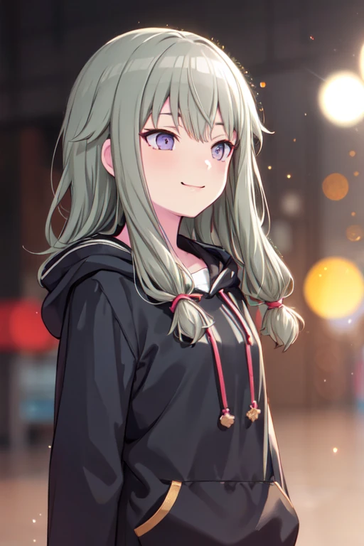 nenechan, long hair, smile,  upper body, sidelocks,  indoors, hood,  blurry,  blurry background,  light particles, lens flare, drawstring, bokeh