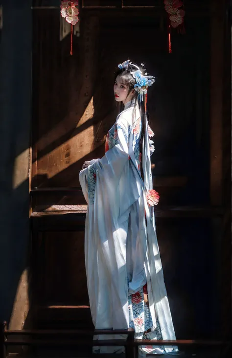 xuer traditional chinese art opera,1girl,solo,holding,flower,hair flower,standing,full body,wide sleeves,long sleeves,black hair,red lips,sleeves past wrists,looking at viewer,brown hair,floral print,
(dark white and light blue:1.3),Dynamic Angle,Perspecti...