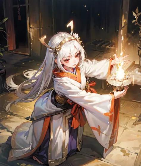 masterpiece, high res, detailed face, detailed eyes, anime screencap, 1 girl, serious, arms extended, ((magic barrier, gold magic, magic energy)), white hair, long hair, japanese clothes, gold hair ornament, red eyes, full body,  japanese shrine, outdoors,...