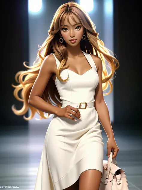 Realistic photo of a beautiful n40m1c woman,1girl,solo,long hair,looking at viewer,blonde hair,brown hair,dress,brown eyes,jewelry,solo focus,dark skin,bag,white dress,blurry,dark-skinned female,lips,hand on hip,ring,realistic, soft lighting, professional ...