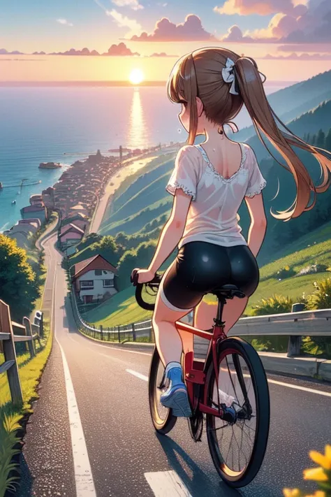 (((masterpiece))), (((best quality))),  (((speed lines))), (((from behind))), (((riding a downhill road bike))), (((hands on handlebar))), (((steep slope))), headphones, ((beige chiffon lace cycling shorts)), strong wind, 1girl,  ribbon, 9brown twintails),...