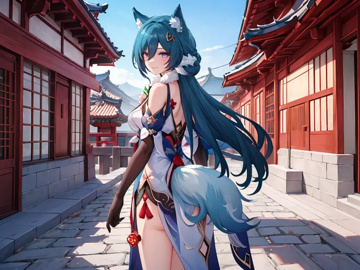 ((masterpiece,best quality)), 1girl, yukong, fox tail, elbow gloves, looking back, east asian architecture, depth of field, smile, closed mouth,