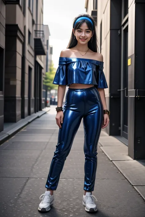 ((Masterpiece, best quality, cinematic lighting, 8k, full body shot, long hair)), (smile:0.85), (realistic background)
<lora:Latex_Shirt_Pant_By_Stable_Yogi:1> blue  latex off-shoulder shirt, pants, necklace, sneakers, hairband, bracelet