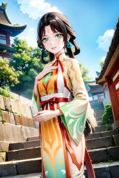 masterpiece, best quality, <lora:genshinfujin-nvwls-v1-000009:1> fujin, hair ornament, long hair, hair rings, earrings, forehead mark, green and orange dress, glowing, east asian architecture, stairs, temple, blue sky, looking at viewer, smile