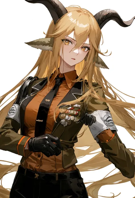 best quality, masterpiece, highres, solo, {degenbrecher_arknights:0.90}, 1girl, looking_at_viewer, military_uniform, long_sleeves, black_necktie, upper_body, armband, collared_shirt, black_gloves, simple_background, closed_mouth, green_jacket, orange_shirt...