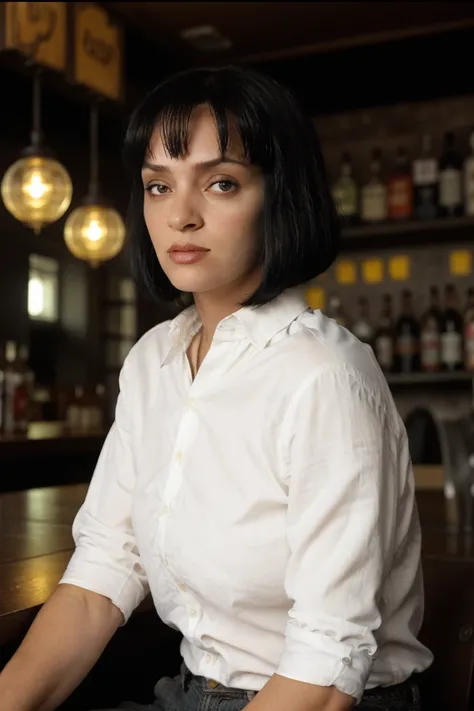 a photo of um4,black bob hair,close-up,white shirt,daylight,sitting in a bar,add_detail,soft lighting,extreme dof,bokeh,cinematic,sharp focus