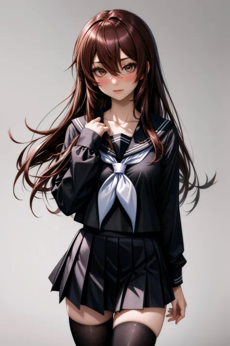 (masterpiece, best quality), 1girl, aisaka taiga, long hair, brown hair, hair between eyes, brown eyes, blush, bangs, shirt, long sleeves, school uniform, collarbone, pleated skirt, serafuku, black thighhighs, black skirt, zettai ryouiki, neckerchief, blac...