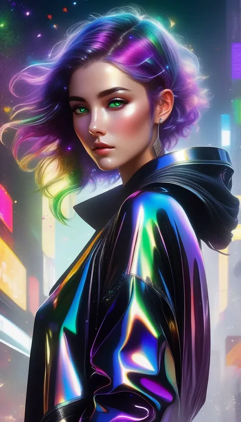 Stephan martiniere art style, Full body, beautiful and godly and magical and hopeful and ethereal anime 25 year old french woman with feminine body with purple wavy hair, asymmetrical side buzz cut, green eyes, multicolored peekaboo highlights in air weari...