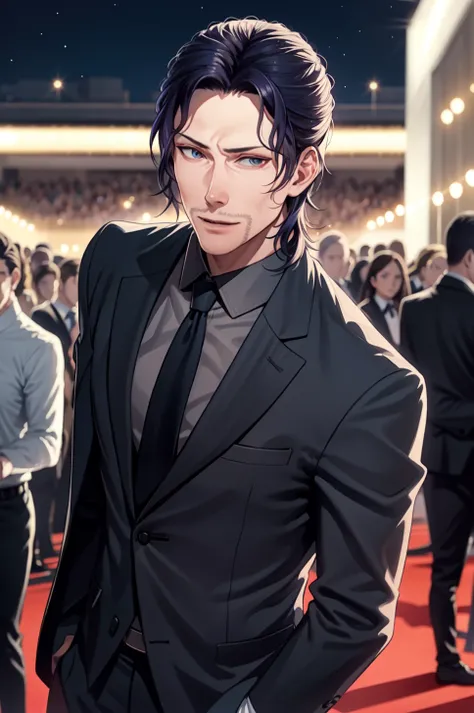 red carpet, crowd, formal, 1boy, solo, upper body, walking, mature male, formal, suit jacket, necktie, tie clip, looking at viewer, <lora:RodrigueFE3H-bsinky-v1:0.85> rodrigueFE, goatee