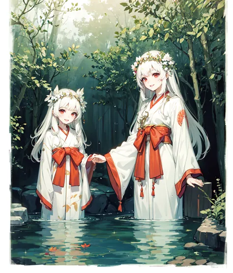 masterpiece, high res, detailed face, detailed eyes, anime screencap, 2girls, small height difference, white hair, long hair, white yukata, beads, japanese rosary, completely submerged, wet clothes, smile, red eyes, full body,  open bath, outdoors, cowboy ...